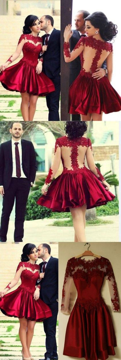 Long Sleeve Red Homecoming Dress with Sleeves Short Prom Dress Red Formal Dress,SSD005-Dolly Gown