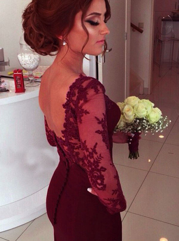 Burgundy Mermaid Queen Anne Long Formal Dress with Lace Long Sleeves Burgundy Mermaid Queen Anne Long Formal Dress with Lace Long Sleeves