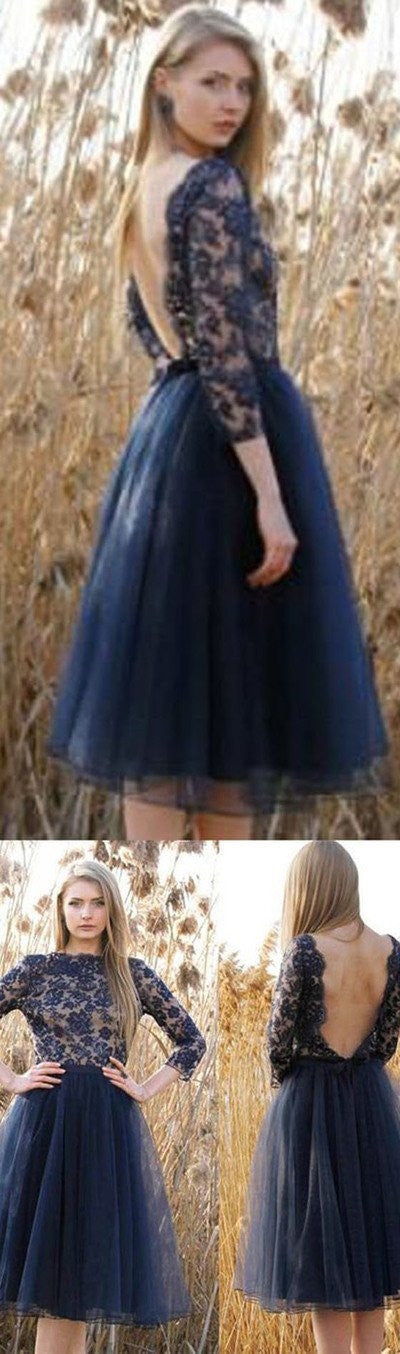 Modest Short Homecoming Dress Navy Blue Homecoming Dress Long Sleeve Homecoming Dress SSD017-Dolly Gown