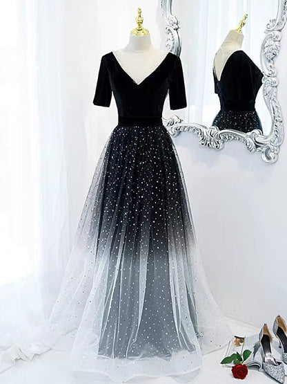 Half Sleeves Gradient Black Prom Dress -DollyGown