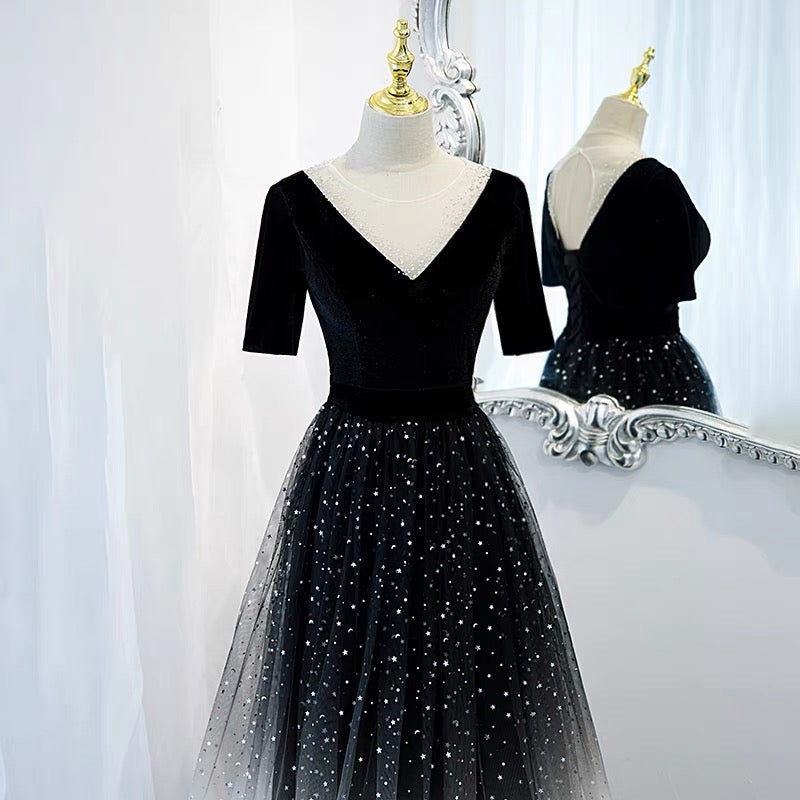 Half Sleeves Gradient Black Prom Dress -DollyGown