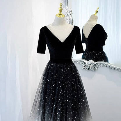 Half Sleeves Gradient Black Prom Dress -DollyGown