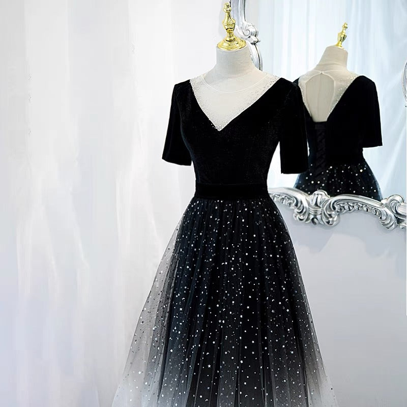 Half Sleeves Gradient Black Prom Dress -DollyGown