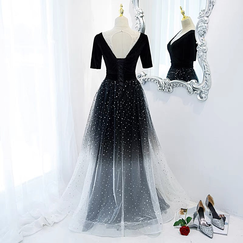 Half Sleeves Gradient Black Prom Dress -DollyGown