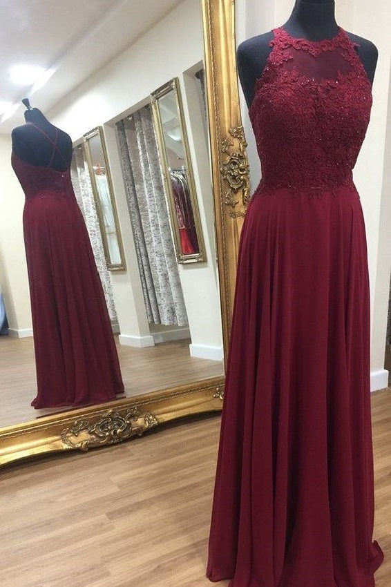 Halter Neck Chiffon Burgundy Lace Top Prom Dress - Dollygown