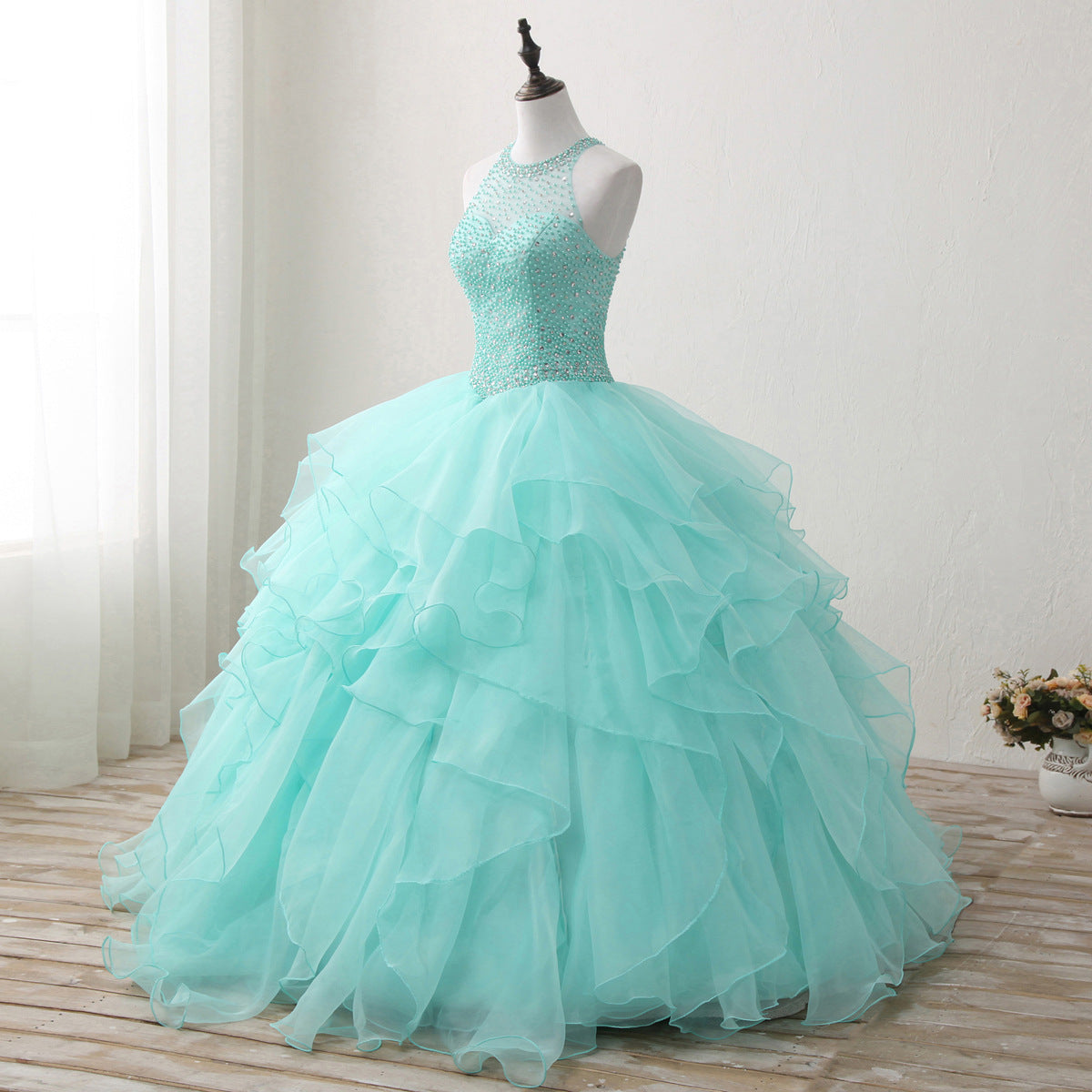 Halter Neck Open Back Mint Quinceanera Dresses Mexican Ball Gown Prom Dress Halter Neck Open Back Mint Quinceanera Dresses Mexican Ball Gown Prom Dress
