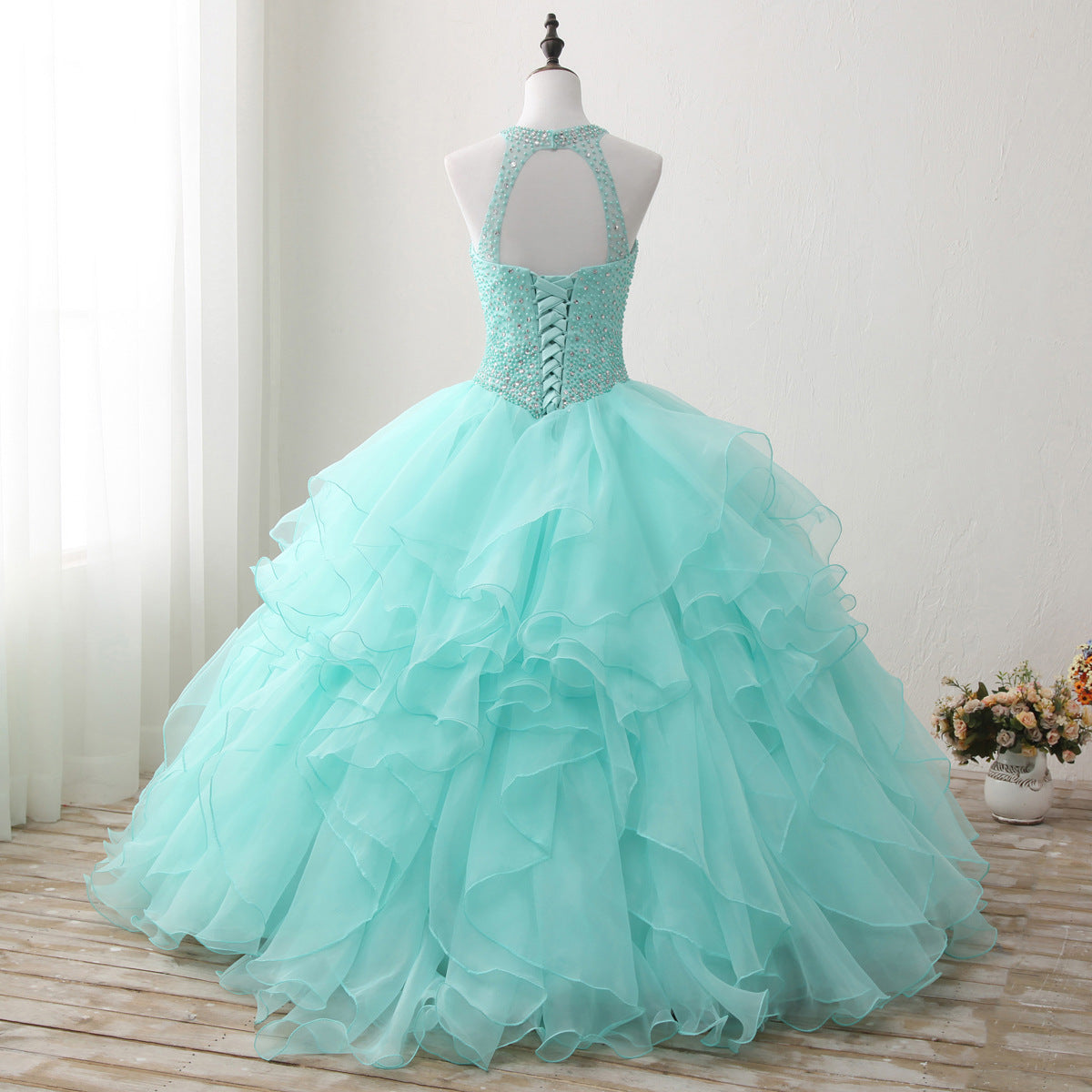 Halter Neck Open Back Mint Quinceanera Dresses Mexican Ball Gown
