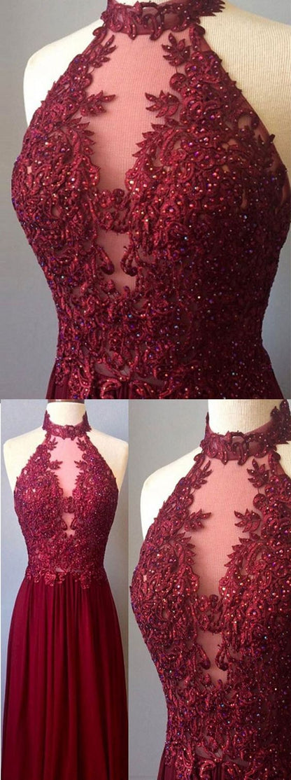 Halter Chiffon Lace A-line Long Maroon Prom Dress Burgundy Evening Dress,GDC1152-Dolly Gown