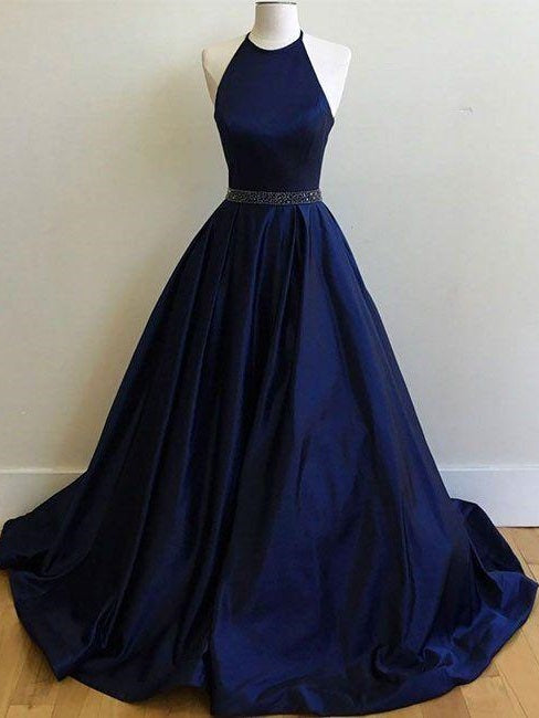 Halter Satin Poofy Navy Blue Ball Gown Prom Dress with beading waist