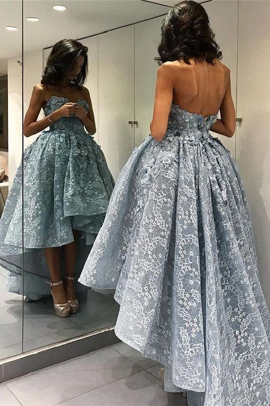Hi-Lo Prom Dress,Dusty Blue Prom Dress,Strapless Prom Gown,Robe De Cocktail,MA006-Dolly Gown
