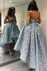 Hi-Lo Prom Dress,Dusty Blue Prom Dress,Strapless Prom Gown,Robe De Cocktail,MA006-Dolly Gown