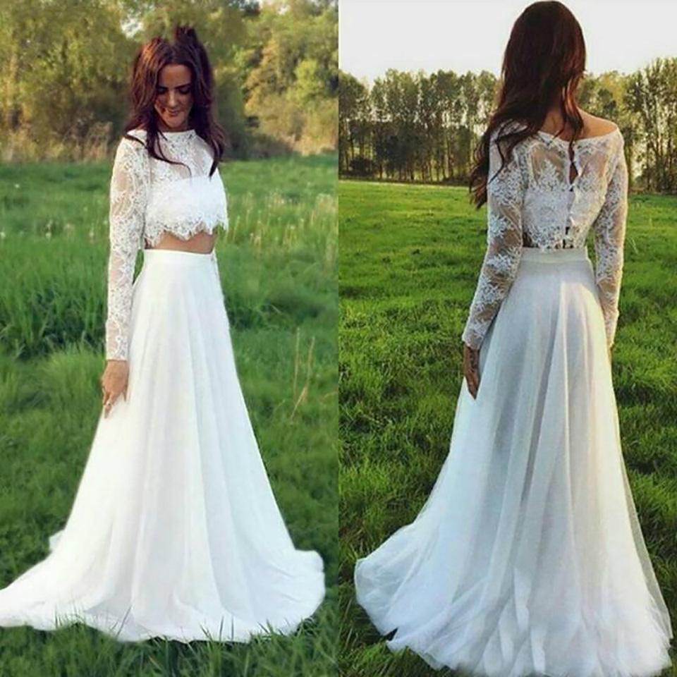 High Neck Lace Top Two Piece Wedding Dress Long Sleeves Bridal Separates with Tulle Skirt,20082666-Dolly Gown