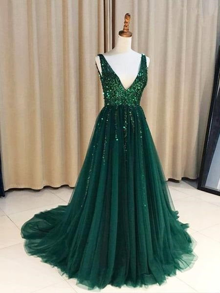 Hunter Green V-neck Long Formal Tulle Low Back Prom Dress,Robe de Bal,GDC1024-Dolly Gown
