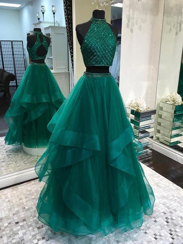 Illusion Two Piece Long Hunter Green Prom Dress with Delicate Beading Top ,GDC1108-Dolly Gown