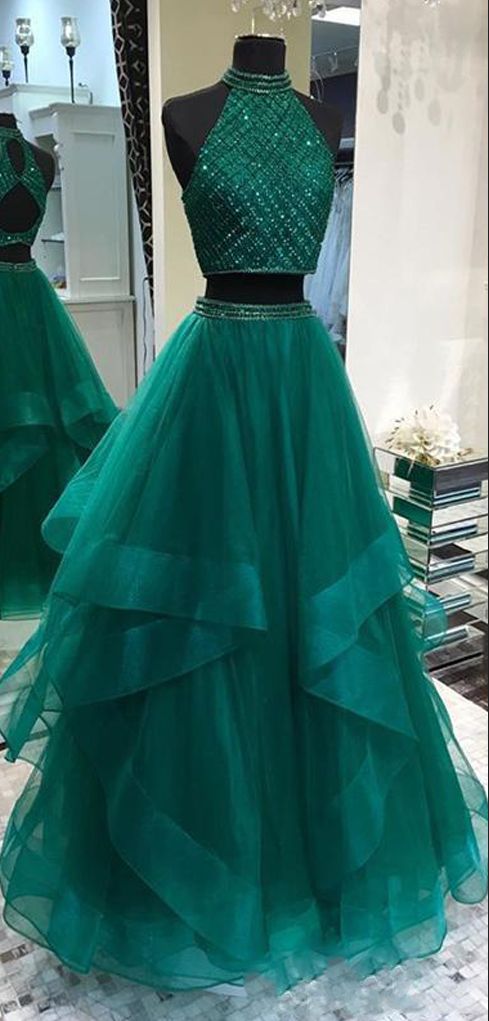 Illusion Two Piece Long Hunter Green Prom Dress with Delicate Beading Top Illusion Two Piece Long Hunter Green Prom Dress with Delicate Beading Top