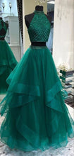 Illusion Two Piece Long Hunter Green Prom Dress with Delicate Beading Top ,GDC1108-Dolly Gown