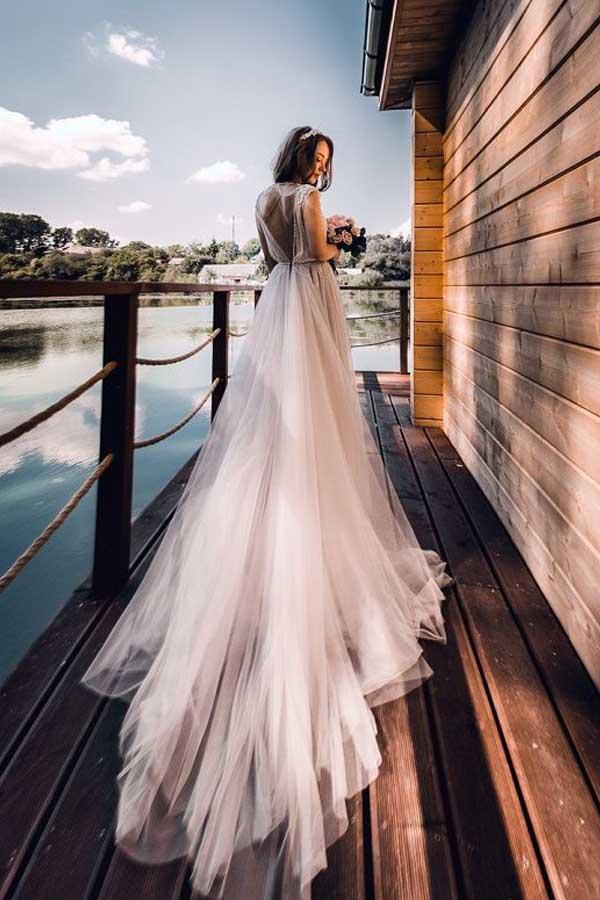 Jewel Neck V Back Tulle Boho Fall Wedding Dress, Vestido de Novia,GDC1254-Dolly Gown