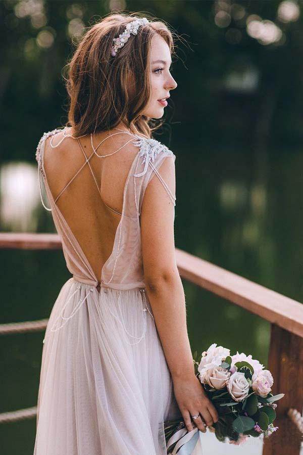 Jewel Neck V Back Tulle Boho Fall Wedding Dress, Vestido de Novia,GDC1254-Dolly Gown