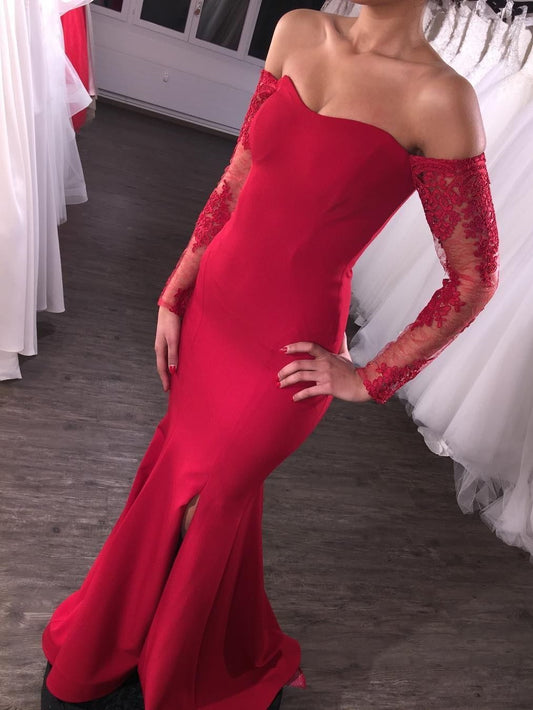Lace Red Prom Dress Long Sleeve Mermaid Tight Prom Dress with Slit Prom Dress Black Girl Slays 20081625-Dolly Gown