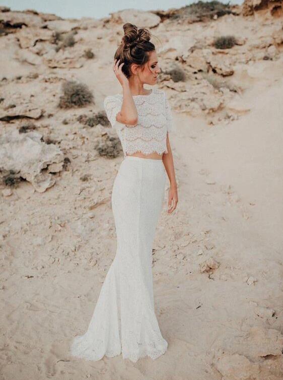 Lace Rustic Two Piece Cap Sleeves Mermaid Bridal Separates,Crop Top Wedding Dress,20082219-Dolly Gown