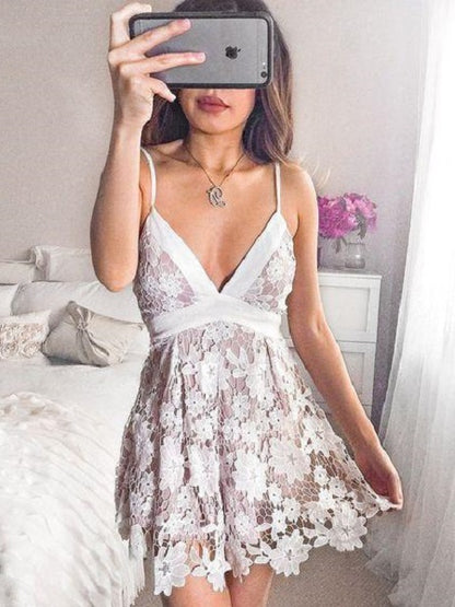 Lace Short Homecoming Dress,White Semi Formal Dress,Graduation Dress,GDC1041-Dolly Gown