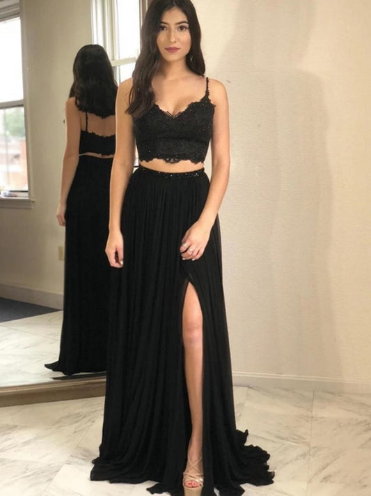 Lace Top Two Piece Black Prom Dress with Slit,Evening Gowns with Slits,20082004-Dolly Gown