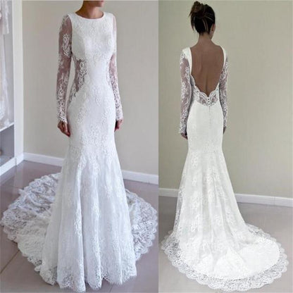Lace Mermaid Backless Bridal Wedding Dress with Long Sleeves ,GDC1055-Dolly Gown