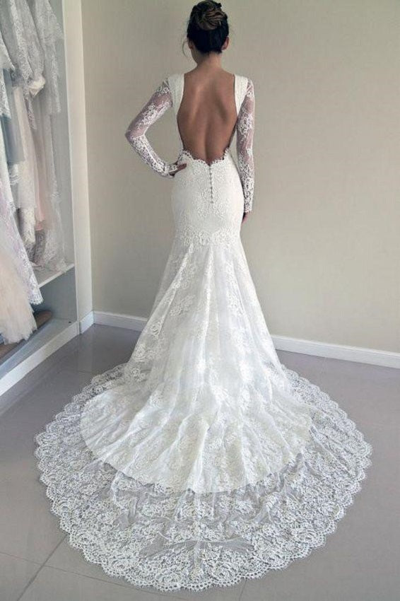 Lace Mermaid Backless Bridal Wedding Dress with Long Sleeves ,GDC1055-Dolly Gown