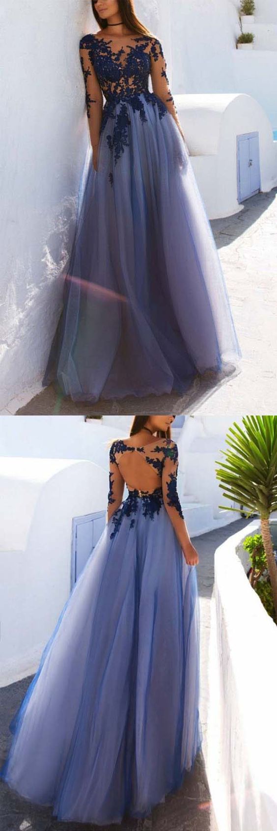 Blue Lace See Through Tulle Long Formal Prom Dress with Sleeves,GDC1226-Dolly Gown