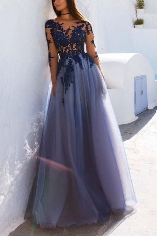 Blue Lace See Through Tulle Long Formal Prom Dress with Sleeves,GDC1226-Dolly Gown