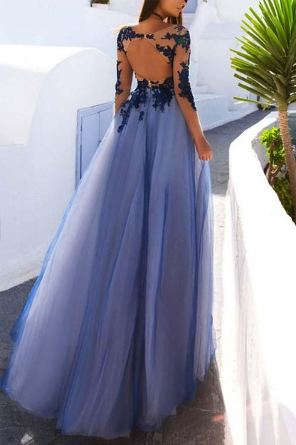 Blue Lace See Through Tulle Long Formal Prom Dress with Sleeves,GDC1226-Dolly Gown