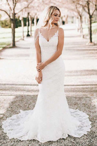 Sheath Spaghetti Straps Cheap Lace Wedding Dress, Vestido de novia ,GDC1237-Dolly Gown