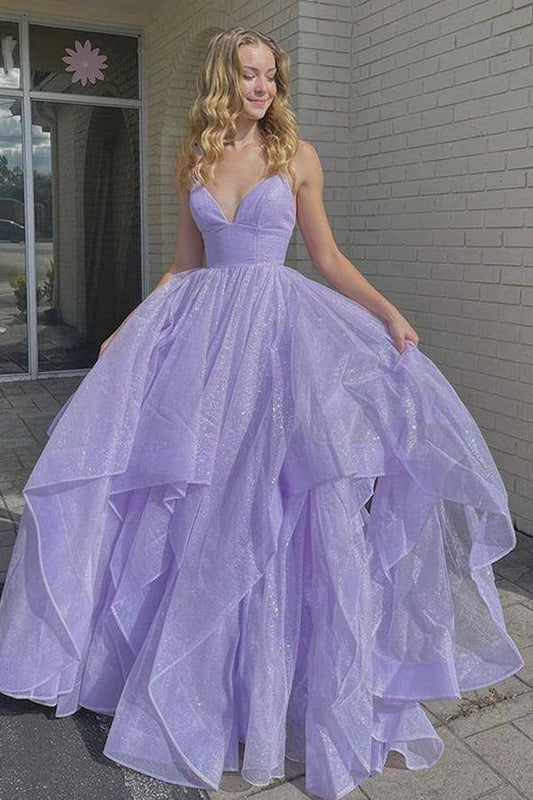 Lavender Ruffles Backless Poofy Prom Dress - DollyGown