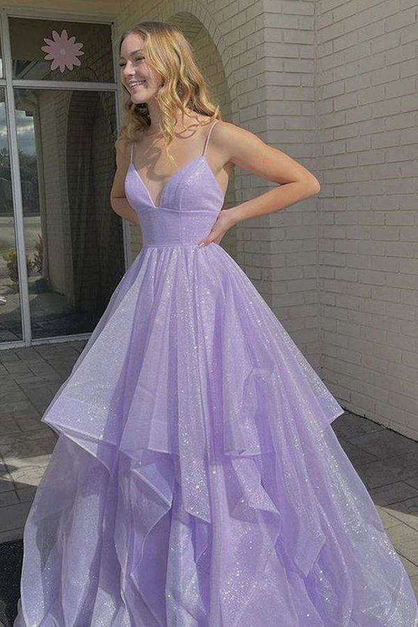 dress poofy Lavender Ruffles Backless Poofy Prom Dress