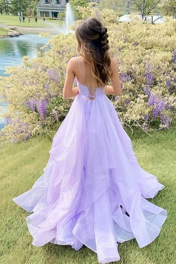 Long A-line Lace Tulle Backless Prom Dresses Purple Formal Evening Dre –  BIZTUNNEL