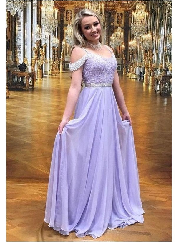 Lavender Sparkly Chiffon A-line Unique Prom Dress Evening Dresses