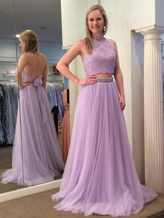 Lavender Two Piece Halter Prom Dress 2 Piece Graduation Dress-DollyGown