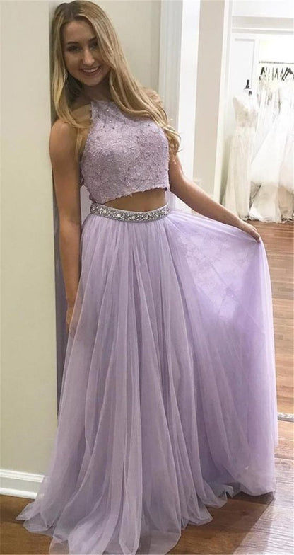 Lavender Two Piece Long Prom Dress for Teens - DollyGown