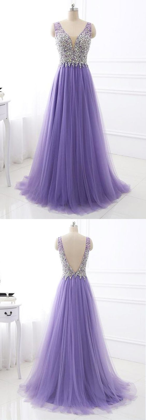 Cute A Line Sweetheart Lavender Lace Tulle Long prom Dress