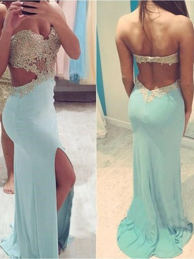 Light Blue Sexy Tight Backless Prom Dress with Side Slit Prom Dress with Split Front,MA112-Dolly Gown