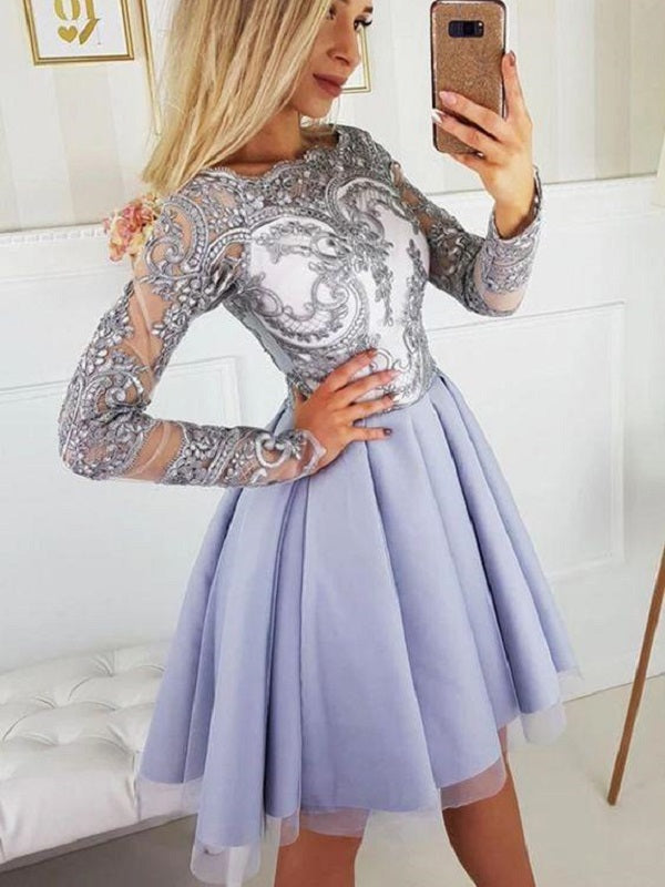 Lilac Lace Short Prom Dress with Long Sleeves Chiffon Short Graduation Dresses for 8th Grade 20081403-Dolly Gown