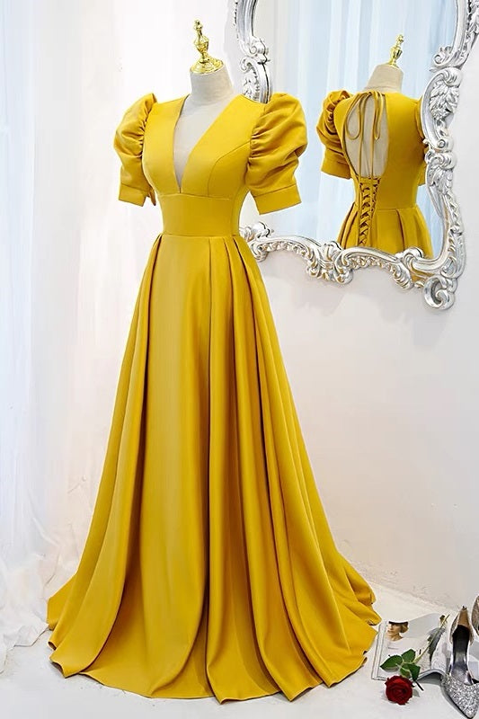 Open Back Yellow Prom Dress with Sleeves -DollyGown