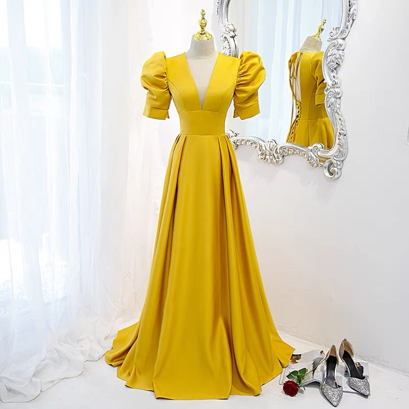 Open Back Yellow Prom Dress with Sleeves Open Back Yellow Prom Dress with Sleeves