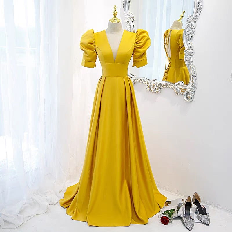 Open Back Yellow Prom Dress with Sleeves -DollyGown