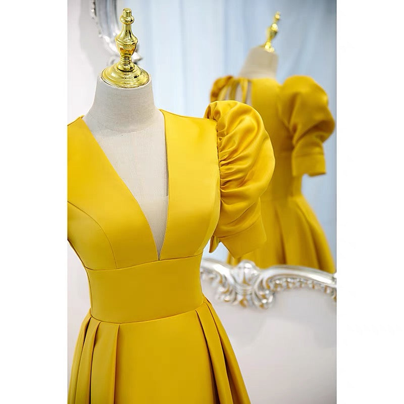 Open Back Yellow Prom Dress with Sleeves -DollyGown