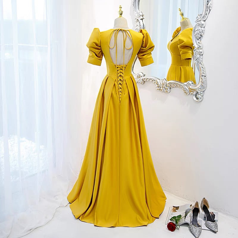 Open Back Yellow Prom Dress with Sleeves -DollyGown