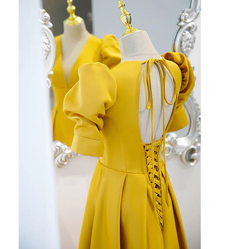 Open Back Yellow Prom Dress with Sleeves -DollyGown