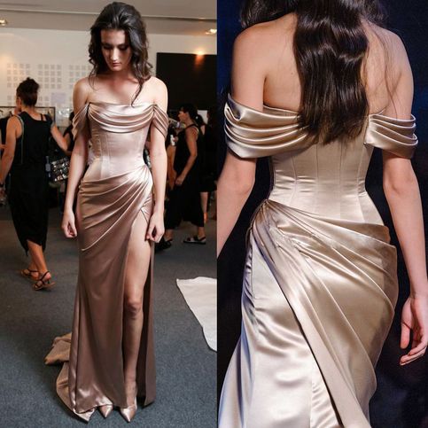 Long Off The Shoulder Tight Gold Prom Dress with Side Slit Long Off The Shoulder Tight Gold Prom Dress with Side Slit