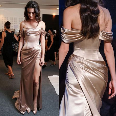 Long Off The Shoulder Tight Gold Prom Dress with Side Slit,20281614-Dolly Gown