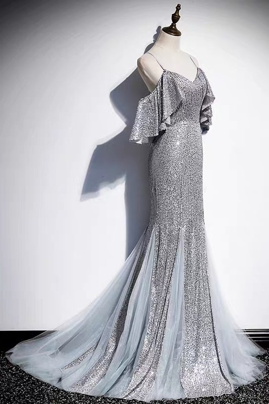 Long Formal Mermaid Silver Sequins Gown -DollyGown